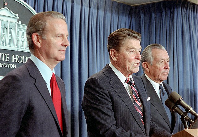 President Ronald Reagan announcing the nomination of James Baker to be Secretary of the Treasury and the appointment of Donald Regan as White House Ch