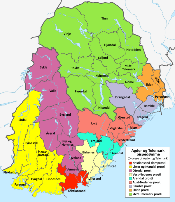 Map of the deaneries within the Diocese of Agder og Telemark Prostier i Agder og Telemark.svg