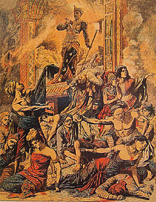 The Raja of Buleleng killing himself with 400 followers, in an 1849 puputan against the Dutch. Le Petit Journal, 1849. Puputan of the Raja of Boeleleng.jpg