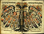 Ejemplo de los escudos de armas del Sacro Imperio Romano Germánico (HRR) en 1510, incluidos sus miembros. Se explica la estructura estilizada del Imperio en escudos de armas.