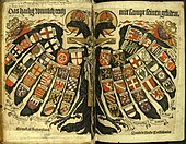 The "Quaternion eagle", representing the estates of the Holy Roman Empire (1510). Quaterionenadler David de Negker.jpg