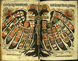 Coat of arms of the Holy Roman Empire. At the top are the coats of arms of the prince electors Quaterionenadler David de Negker.jpg