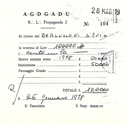 Ricevuta di pagamento della quota di iscrizione nel 1978 di Silvio Berlusconi alla Loggia P2.