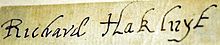 A manuscript signature of Hakluyt from the front flyleaf of the above work