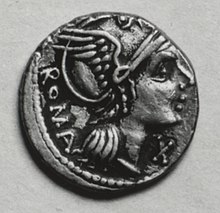 Roma on a denarius, 93-92 BC (Walters Art Museum) Roman - Coin with Denarius with Roma - Walters 59763 (cropped).jpg