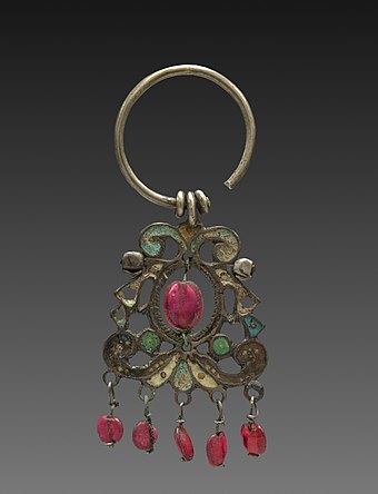 Russian earring; 19th century; silver, enamel and red glass beads; overall: 6.4 x 2.6 cm; Cleveland Museum of Art (Cleveland)