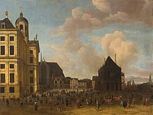 Dam Square in Amsterdam, Abraham Storck, 1675, Amsterdam Museum, Amsterdam, The Netherlands SA 1755-De Dam-De Dam naar het noorden gezien met het Stadhuis, de Nieuwe Kerk, de Waag en de Zeevismarkt.jpg