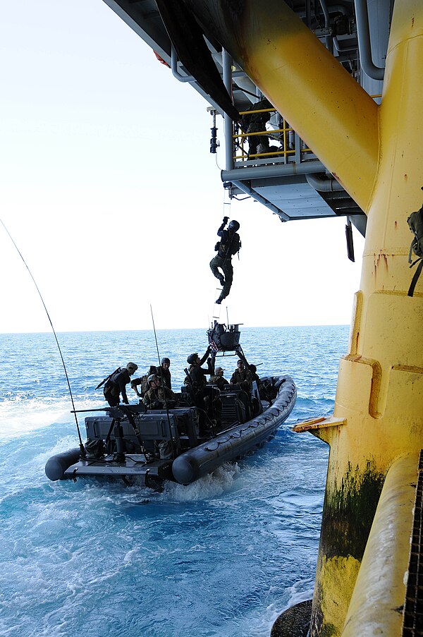 U.S. Navy SEALs train with Special Boat Team 12 on the proper techniques of how to board gas and oil platforms from a moving vessel near Long Beach, C