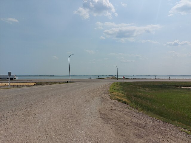 Highway 19's intersection with Highways 1 and 58. Chaplin Lake is in the background.