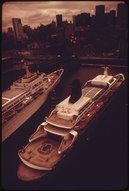 Sea Venture and Oceanic in New York Harbor SLEEK NEW CRUISE SHIPS IN DOCK AT NEW YORK HARBOUR - NARA - 548400.tif