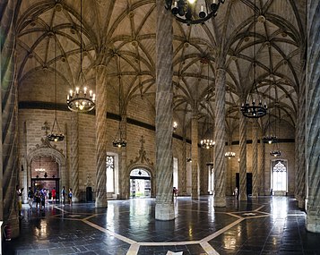 Hall av kolumner i Lonja de la Seda (Valencia).