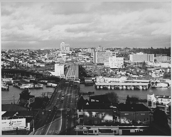 University Bridge and U District, Looking North from I-5 Ship Canal Bridge (1963)