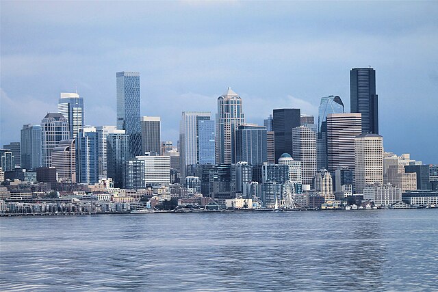 The Downtown Seattle skyline, seen from a state ferry on Elliott Bay