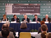 Blue Ribbon Study Panel on Biodefense (Ridge 2nd from left) Shalala, Ridge, Lieberman, Wainstein, Greenwood at the Blue Ribbon Study Panel on Biodefense.jpg