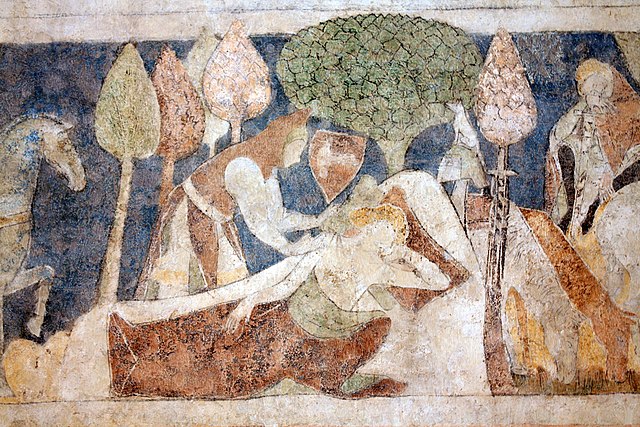 Morgan with Lancelot under an apple tree in a Siedlęcin Tower fresco (early 14th century)