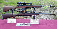 Vietnam War era sniper rifles, US Army XM21 (top) and USMC M40 (bottom) Sniper Rifles M40 XM21.jpg