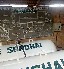 The Songhai zero waste farm in Benin was started by Father Godfrey Nzamujo in 1985. It is now recognised as a centre of excellence by the UN and its philosophy and methods are now studied and followed by thousands in Africa. The picture shows the generation of biofuel from animal waste. This fuel is then used for cooking and generation of electricity. Songhai farm ( gas station).jpg