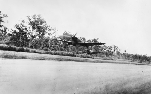 Two Spitfires taking off from Darwin on 24 March 1943