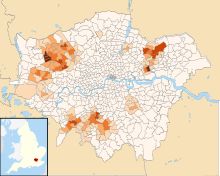 A map showing the distribution of Sri Lankans in Greater London. Two-thirds of British Sri Lankans live in London.
.mw-parser-output .legend{page-break-inside:avoid;break-inside:avoid-column}.mw-parser-output .legend-color{display:inline-block;min-width:1.25em;height:1.25em;line-height:1.25;margin:1px 0;text-align:center;border:1px solid black;background-color:transparent;color:black}.mw-parser-output .legend-text{}
0.0%-1.49%
1.5%-2.99%
3%-4.99%
5%-6.99%
7%-9.99%
10% and greater Sri Lankans in London by Ward.svg