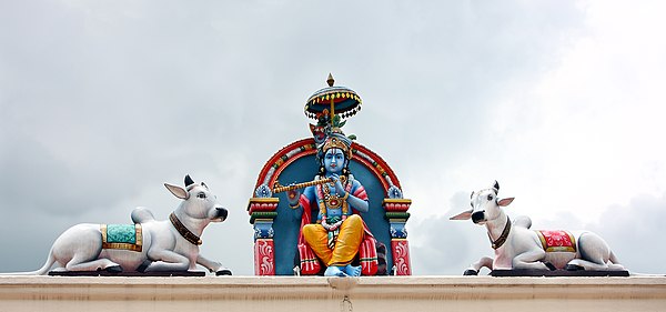 Animals are important in religions such as Hinduism. Here, cattle listen to Krishna's music. Sri Mariamman Temple Singapore amk.jpg