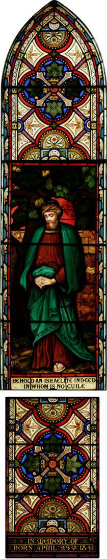 The biblical Nathanael depicted in stained glass in the transept of St. John's Anglican Church, Ashfield, New South Wales StJohnsAshfield StainedGlass Nathanael.png