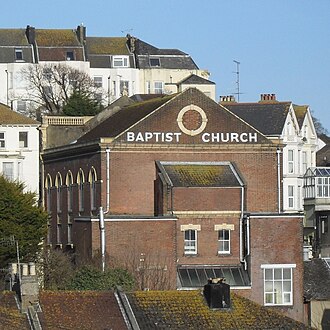 The rear elevation, seen from the west, also shows the arched windows in the side walls. St Leonards Baptist Church, St Leonards, Hastings (Rear Elevation).JPG