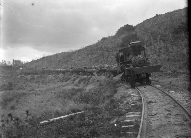 File:Taupo Totara Timber number 9 steam locomotive towing laden logging wagons ATLIB 292947.png
