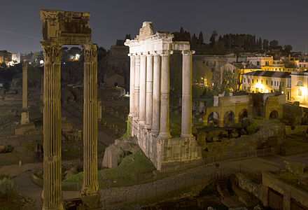 Temple of Saturn in Fori Imperiali at Night