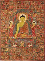 Thangka of Buddha with the One Hundred Jataka Tales in the background, Tibet, 13th-14th century.