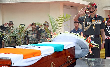 The Chief of Army Staff Gen. Dalbir Singh Suhag paying homage to mortal remains of Late Rifleman Bishal Gurung of 31 GR, martyred in Thangdhar Sector in Kashmir on 25 May 2015, in New Delhi
