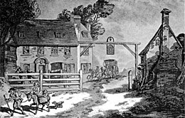 Painting of the first Cock Hotel in Sutton, Surrey by Thomas Rowlandson in 1789. The Cock Hotel, 1789.jpg