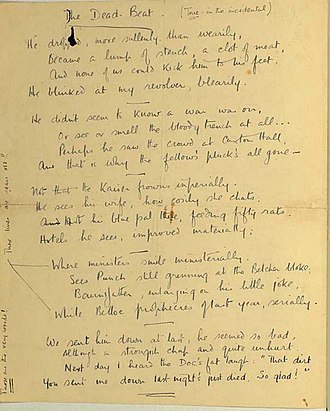 An early draft of the poem Owen included in a letter to Leslie Gunston in August 1917 The Dead Beat Wilfred Owen.jpg