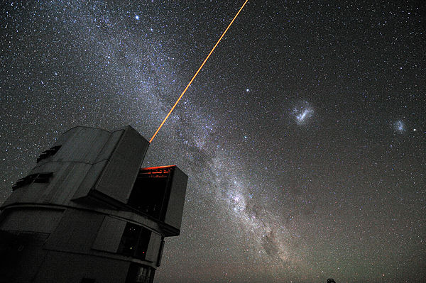Laser used for adaptive optics. It excites sodium atoms in the atmosphere and creates a laser guide star.