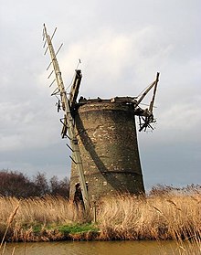 The function of the derelict Brograve drainage mill is now performed by an electric pumping station nearby.