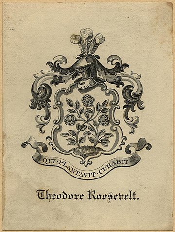 The Roosevelt coat of arms as displayed on Theodore Roosevelt's bookplate, featuring three roses in a meadow (in reference to the family name, which means "rose field" in Dutch).[5]
