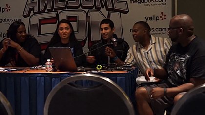 Tia Cherie Polite with Dark Awakening cast members Mackie Lou Vigal, Jethro Moran, W. Keith Scott and James Jay O'Neal doing a film panel at Awesome Con Tia Cherie Polite with Dark Awakening cast at Awesome Con.jpg