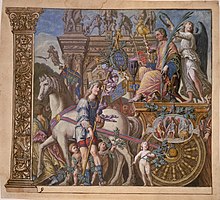 Later woodcut after Mantegna, with hand-colouring, showing the culmination of the Triumphs of Caesar. Triunphus Caesaris plate 9 - Andreani.jpg