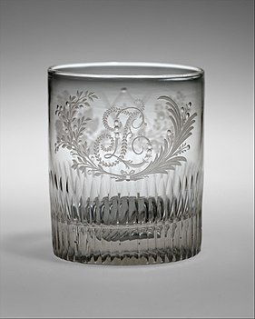 A cut and engraved tumbler by Bakewell, Pears & Co given to marquis de Lafayette. A cameo of Andrew Jackson is on the bottom (below).
A sulphide portrait of Andrew Jackson on the bottom of the tumbler (above) given to marquis de Lafayette in 1825 made by Bakewell, Page & Co. Tumbler MET DT4950.jpg