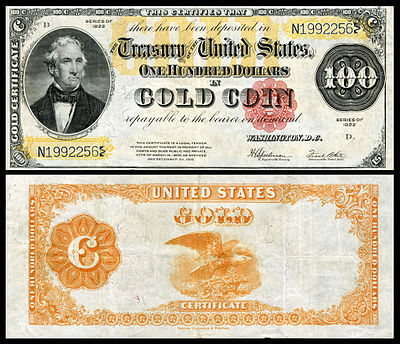 1922 $100 Gold Certificate The Series of 1880 Gold Certificate was re-issued with an obligation to the right of the bottom-left serial number on the obverse. US-$100-GC-1922-Fr-1215.jpg