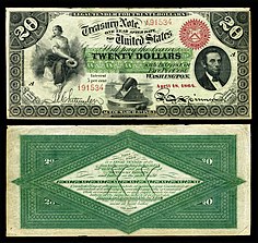 billete con interés de $20 de 1864;  "en dios es nuestra confianza" aparece en el escudo inferior derecho en el anverso de la nota.