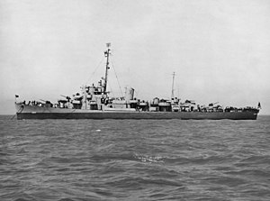 USS Wesson (DE-184) anchored off the Mare Island Naval Shipyard, California (USA), on 1 July 1945 (NH 107615).jpg