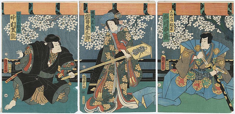 File:Utagawa Kunisada II - Actors Ichikawa Ichizô III as Tengu Kozô Matsuwaka, Iwai Kumesaburô III as the Courtesan Hanako, and Nakamura Shikan IV as Aso no Matsuwaka.jpg