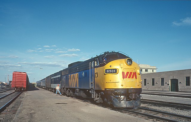 A Via GMD FP7 leads the Canadian in Regina, May 1982. The Canadian was rerouted in the 1990s, ending service to several cities, like Calgary.