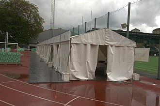Tents for vaccination at a stadium in Stockholm. Vaccination Zinken 01.jpg