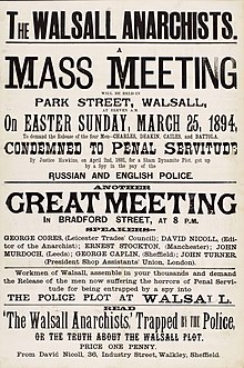 Poster advertising a meeting on 25 March 1894 in support of the release of the Walsall Anarchists Charles, Deakin, Cails, and Battola. The poster attributes their convictions to "a Sham Dynamite Plot" concocted by "a spy in the pay of the Russian and British police. Walsall Anarchists Mass Meeting poster (1894).jpg