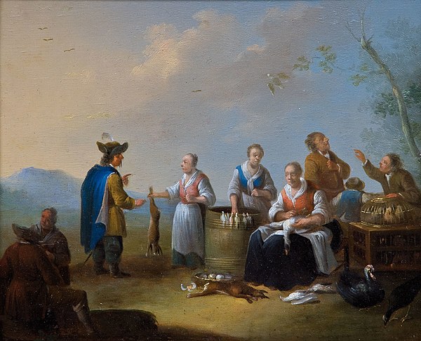 Auf dem Vogelmarkt (women offering hares and wild birds), 18th-19th century