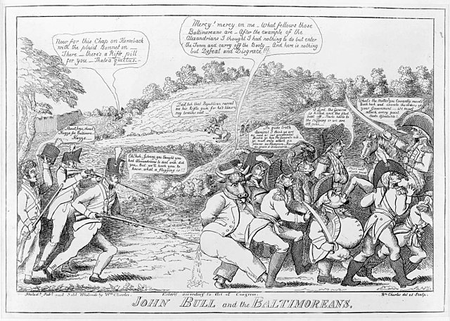 Political cartoon JOHN BULL and the BALTIMOREANS (1814) by William Charles, praising the stiff resistance in Baltimore, and satirizing the British ret