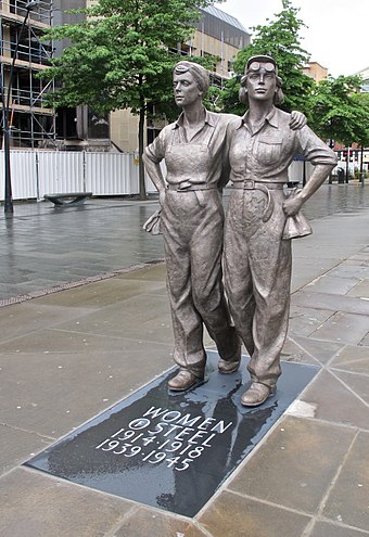 The Women of Steel statue commemorates the women of Sheffield who worked in the city's steel industry during the First and Second World Wars.