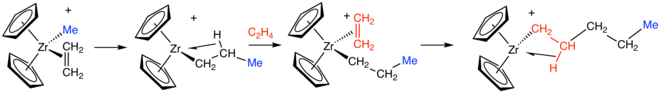 Schéma simplifié de la polymérisation de l'éthylène par un zirconocène.