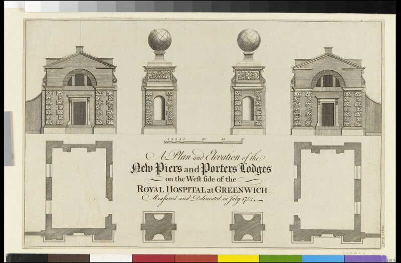 File:'A Plan and Elevation of the New Piers and Porters Lodge on the West side of the Royal Hospital at Greenwich. Measured and Delineated in July 1752' RMG PU2183.tiff